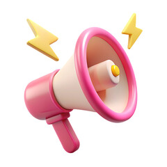 Pink megaphone with yellow lightning bolts symbolizing announcement promotion marketing and alert notifications isolated on transparent background