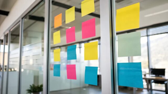 Colorful Self-Adhesive Sticky Notes on Glass Board in Minimal Modern Office Environment