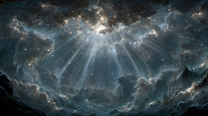 A hyper-detailed fantasy illustration of divine beams breaking through swirling storm clouds, illuminating sorrowful fallen angels, their eyes reflecting despair, broken wings folded,