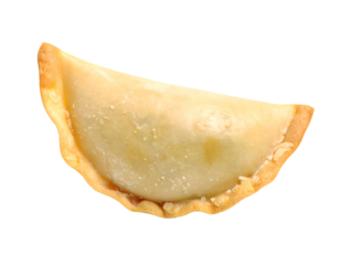 Baked empanada hand pie in half-moon shape with sealed crimped edge and golden crust, Latin savory pastry snack shown clearly on isolated background