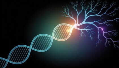 Dynamic DNA helix with tree-like structures representing brain connections and neural pathways