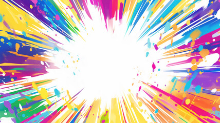 放射状に広がるレインボーカラーとポップアート調の明快なラインで構成されたシンプルな背景、中央に余白がある構図が特徴の抽象イラスト素材、広告やプレゼン資料に最適