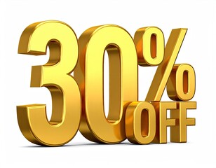 Shiny gold 3D numerals "30%" with "OFF" proclaim a thirty percent discount against a stark white backdrop