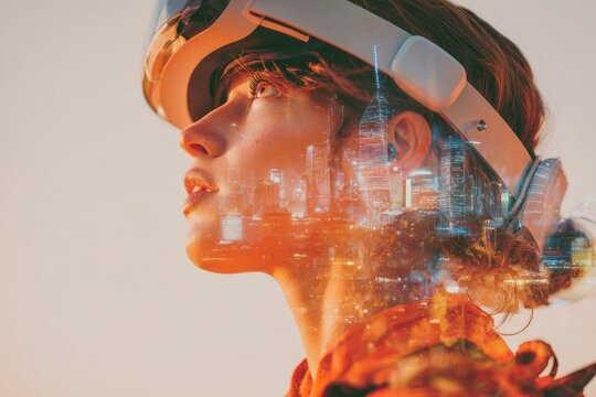 Woman wearing VR headset with futuristic city overlay. - Powered by Adobe