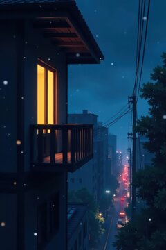 Dark, rainy balcony, anime-style, low-fi lighting, light, peaceful