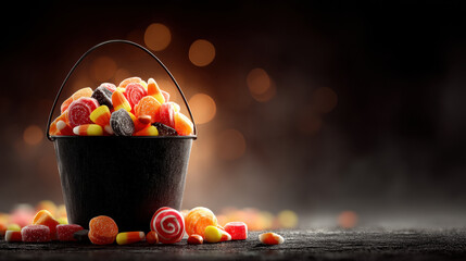 Naklejka premium Black bucket filled with assorted colorful candies, including candy corn and lollipops, sits on dark surface with blurred bokeh background