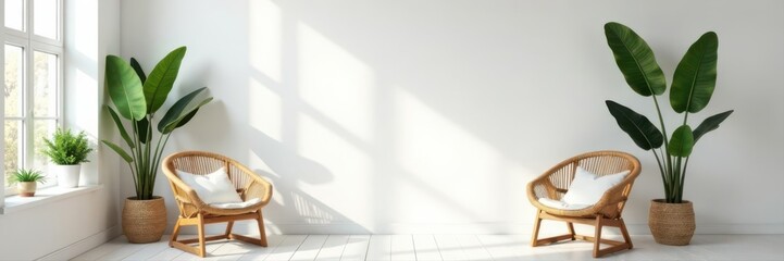 Empty white wall mockup, boho room, wicker chairs, plants, natural light, display, bohemian