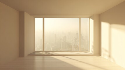 Minimalist empty room featuring a large window, filled with soft ambient daylight for a modern interior feel.