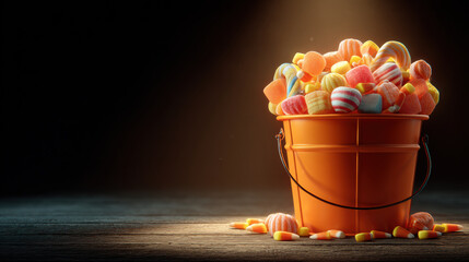 Vibrant orange bucket filled with assorted colorful candies sits on wooden surface, illuminated by warm spotlight