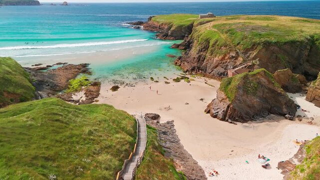 Aerial view of Playa de Santa Comba beach with turquoise sea in Galicia Spain