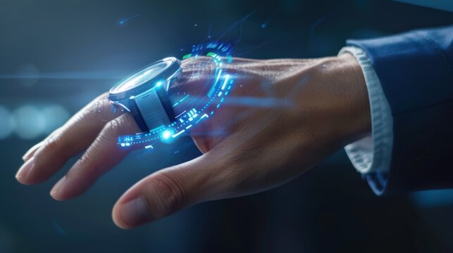 Futuristic Smartwatch on Hand with Digital Interface and Blue Light Effects