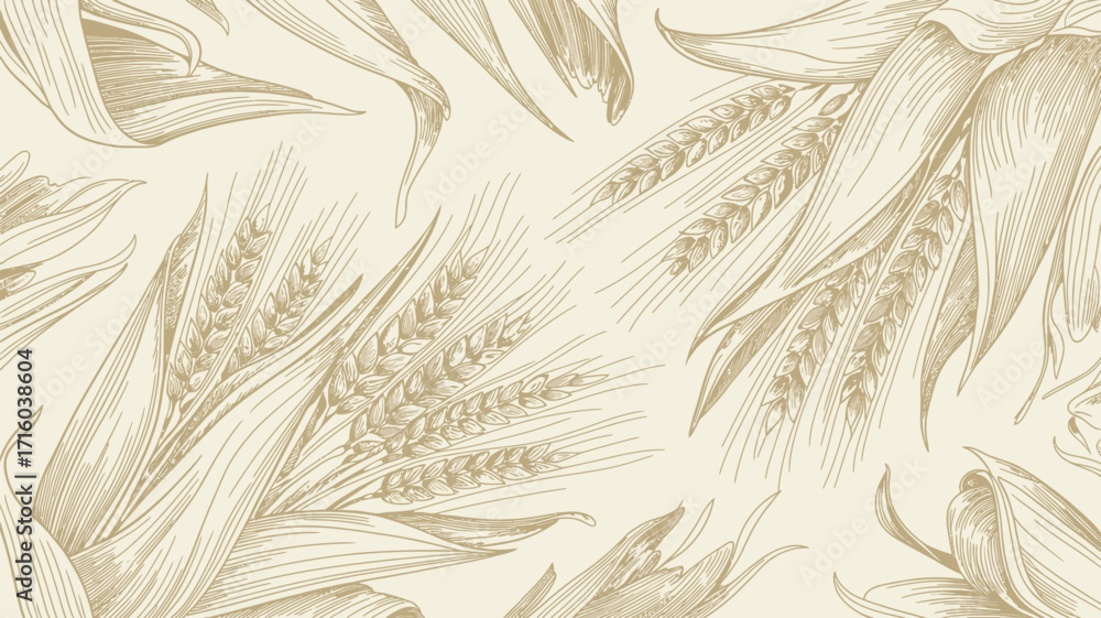 Poster wheat stalks and leaves in a repeating pattern on a light background creating a textured design