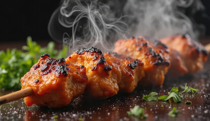 Delicious Indian Chicken Tikka Kebabs with Naan and Mint Chutney