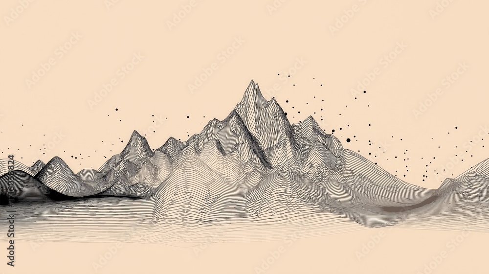 Poster minimalist mountain range made with only lines and dots.