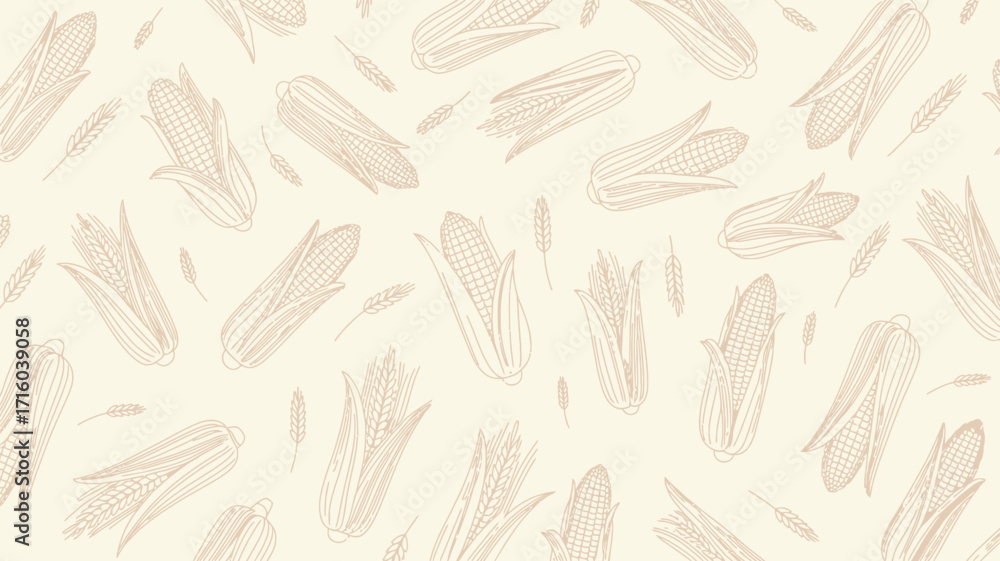 Poster a repeating pattern of corn cobs and wheat stalks in a light beige color scheme, sketched design sty