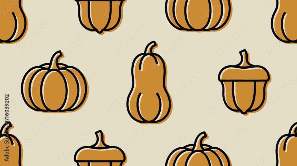 Poster seamless pattern of various gourd shapes in orange and black outlines on a beige background design a