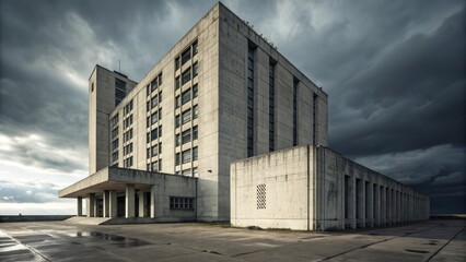 imposing concrete brutalist building under dramatic stormy skies