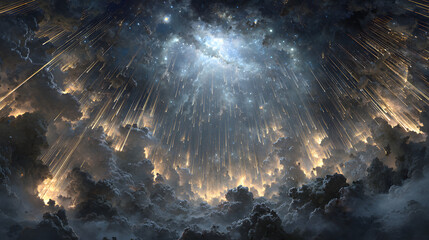 A hyper-detailed cosmic illustration of angelic legions in golden and silver armor, aligned in divine formations amidst swirling storm clouds, glowing halos radiating above,