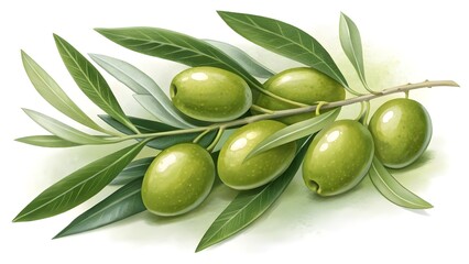 Vibrant green olives ripen on a delicate branch adorned with lush leaves, perfect for health food and Mediterranean cuisine themes