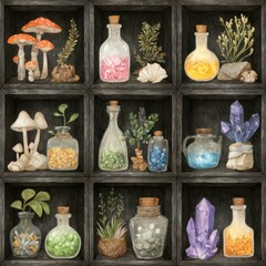 A collection of 8 magical potion illustrations in a vintage apothecary 