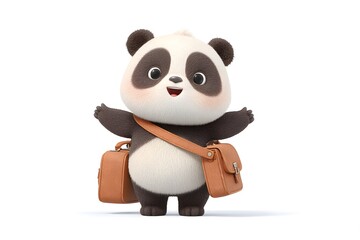 Naklejka premium panda cub waiting at a school bus stop with a satchel and lunchbox, smiling with excitement, 3d animation, isolated on a white background