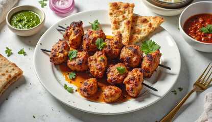Delicious Chicken Tikka Kebabs Served with Naan and Dips