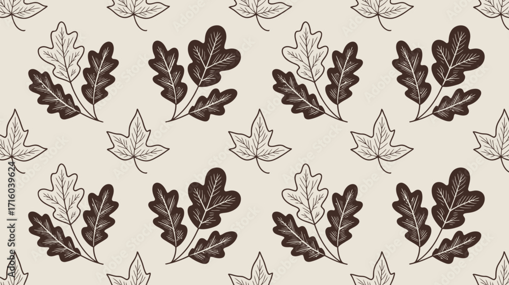 Poster repeating pattern of brown and white leaves on a beige background in a simple hand drawn style