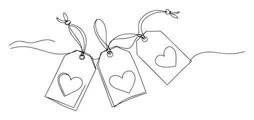 three heart shaped gift tags hanging line art © Wieslaw