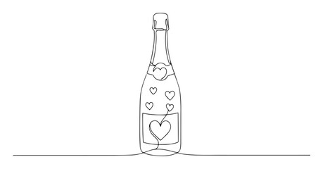 single one line drawing of a champagne bottle with hearts celebration symbol