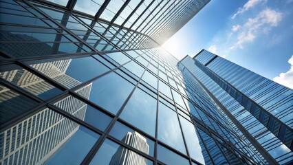 Obraz premium dynamic reflections on contemporary glass skyscrapers under bright blue sky