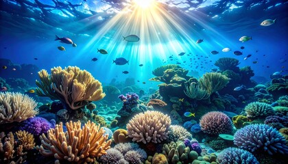 Obraz premium Vibrant Coral Reef Ecosystem with Sun Rays