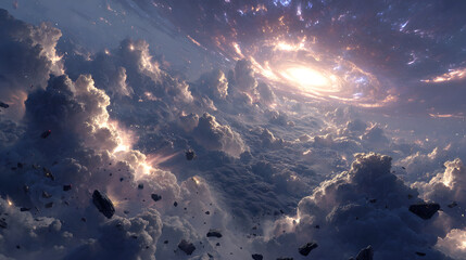 A hyper-detailed cosmic battle scene of divine and rebellious forces in chaotic mid-air clash, radiant halos glowing, weapons ablaze with light, ethereal wings ignited, storm clouds swirling,