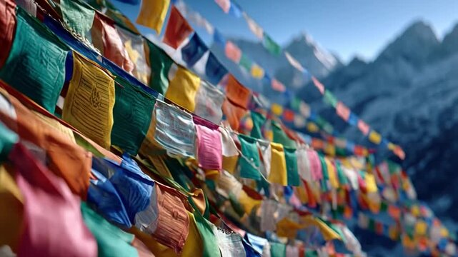 Buddhist prayer flags, colorful flags fluttering in mountain wind with monks chanting prayers nearby.