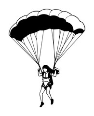 parachuting woman in air monoline vector illustration