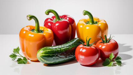 Assortment of Colorful Bell Peppers Cucumber and Tomatoes with Parsley Garnish red bell pepper orange bell pepper