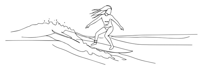 woman surfing on wave contour monoline vector lineart thin outline sketch doodle