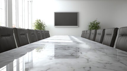 A long conference table with black leather chairs dominates a bright, minimalist room, suggesting a space for important discussions and strategic planning, evoking a sense of formality.