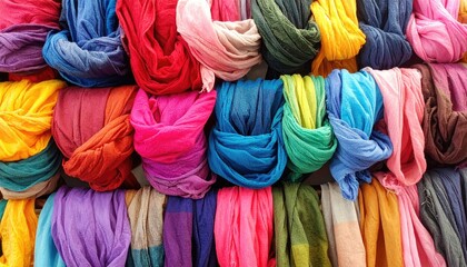 Colorful Scarves Displayed in a Market Stall with Vibrant Hues and Textured Fabrics
