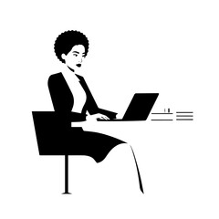 Black and white line art of a beautiful successful career woman working at desk with laptop illustration