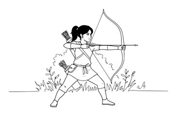 Fototapeta premium female archer aiming bow outdoor stance monoline oneline vector outline