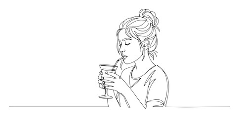 woman drinking cocktail continuous one line drawing