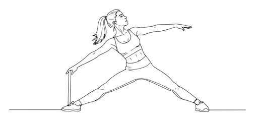 one continuous line drawing of a woman in yoga warrior pose fitness concept
