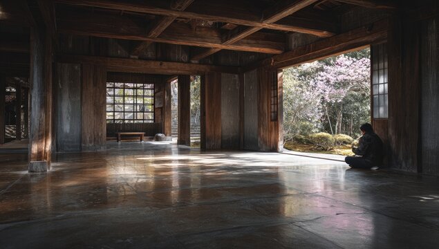 Sunlit interior of a rustic wooden structure, person seated on polished floor, gazing at a blossoming tree through open doors - Powered by Adobe