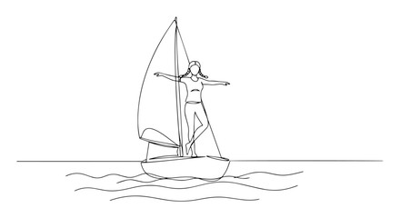 woman on sailboat feeling free one continuous line drawing