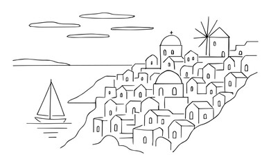 Naklejka premium santorini greece coastal town one continuous line drawing