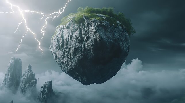 Exploding planet surrounded by floating rocks photo