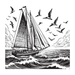 Sailing ship engraving  Vintage woodcut engraving style vector illustration isolated on white