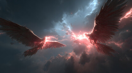 A dynamic aerial battle scene of radiant angelic wings and shadowed fallen wings colliding mid-air, divine energy and crimson lightning illuminating the sky, fragments of glowing feathers drifting,