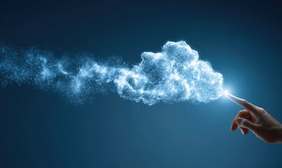 Human hand touching a glowing digital cloud formation representing technology.