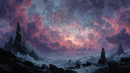 A dreamy cosmic landscape showing shattered marble spires drifting through an infinite void, illuminated by divine golden rays and deep ethereal shadows, crimson and violet nebulae swirling behind,